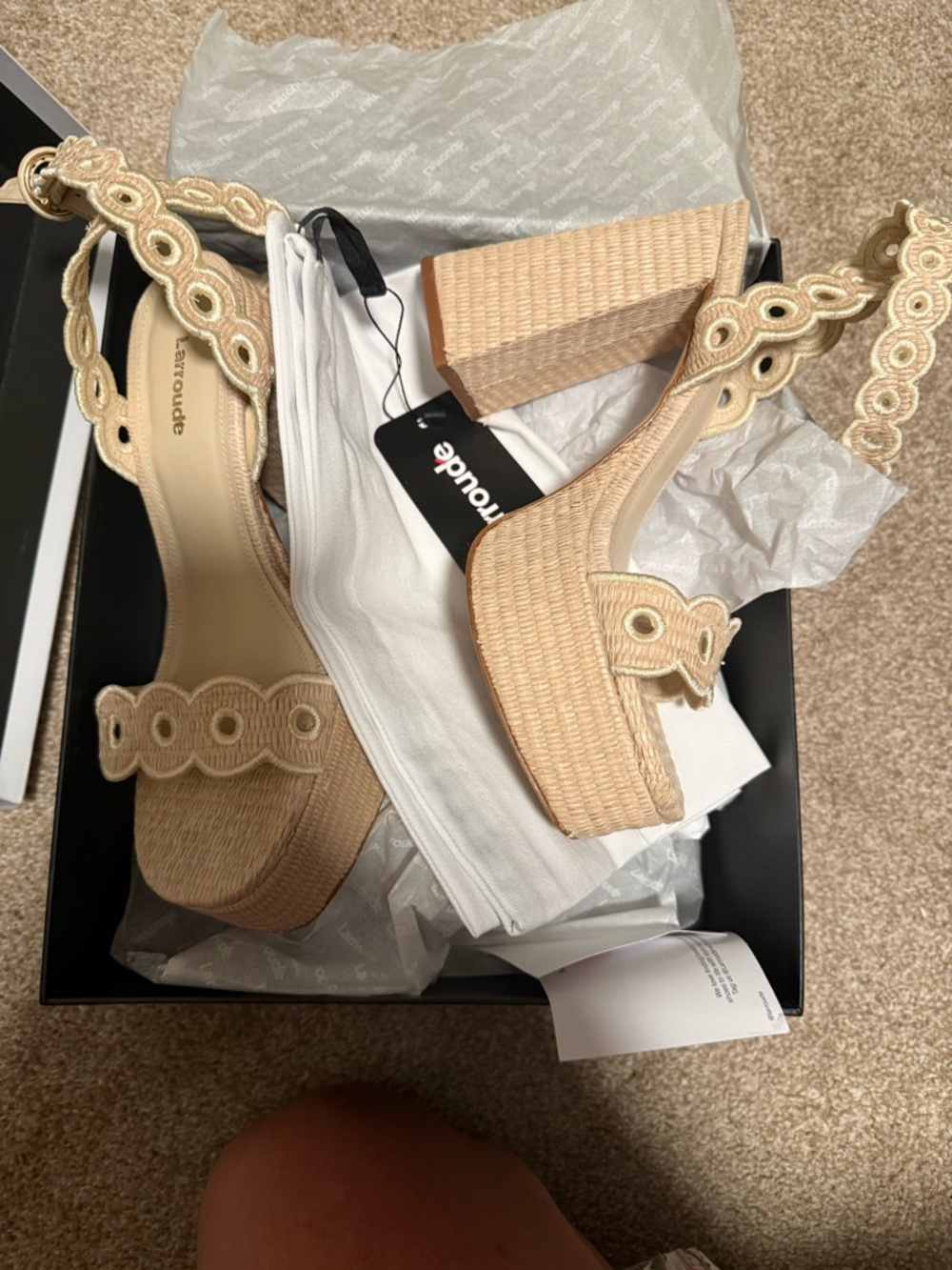 Larroude Beige Scallop Platform Wedge Sandals